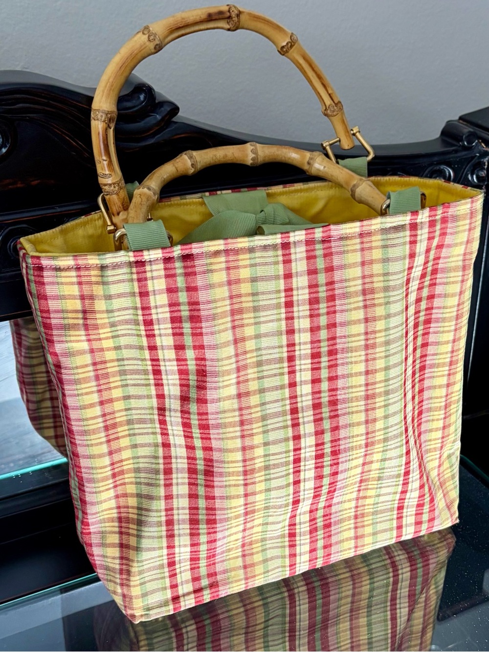 Plaid Straw Tote Bag with Bamboo Handles in Red & Green - Picture 3 of 11